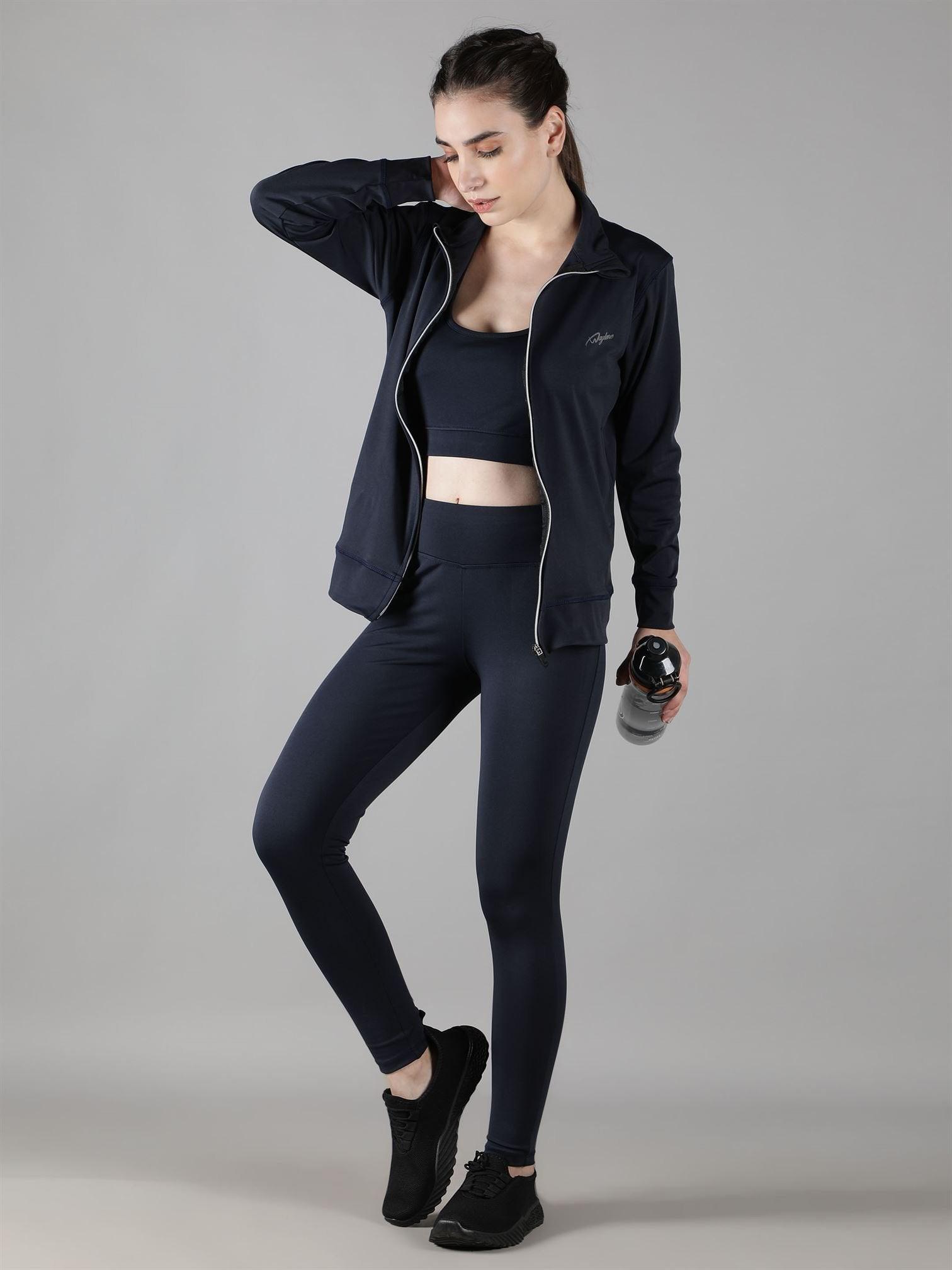 Waylene Navy Blue Track Suit with Zipper Jacket and Leggings, Casual Wear