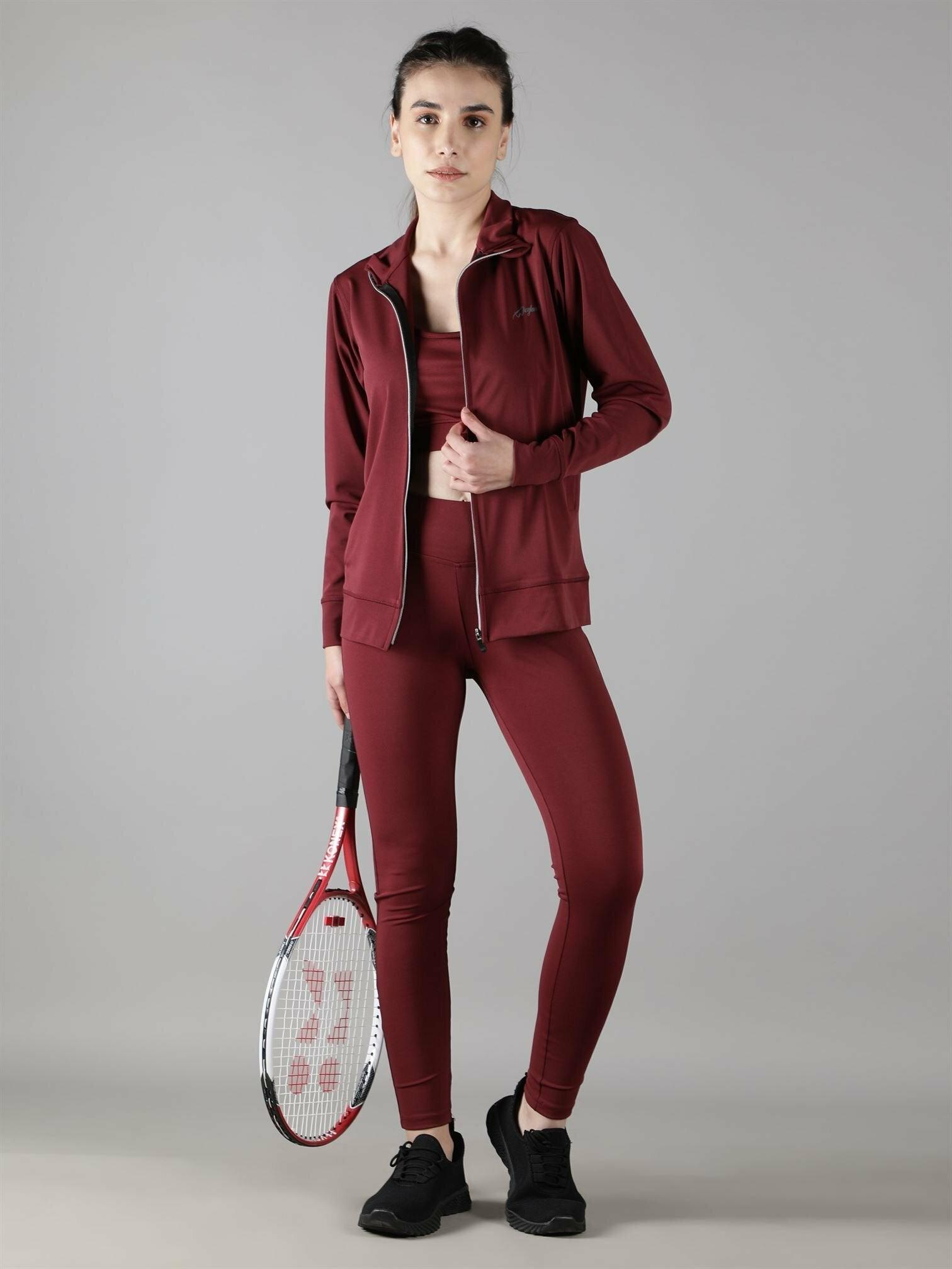 Waylene Wine Tracksuit for Women with Zipper Jacket and Leggings, front view with tennis racket.
