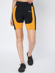 Waylene Black and Mustard Sports Shorts, close-up front view