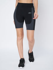 Waylene Women's Black and Grey Gym Shorts, front view showcasing sleek athletic fit.