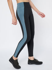 Side View of Waylene Women's Black Leggings with Blue Panel and High Waist