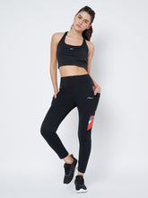 Waylene Black High-Performance Sports Leggings with Geometric Print Side Pocket