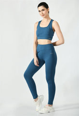 Waylene Teal Tracksuit featuring a fitted sports bra and high-waisted leggings, perfect for workouts.