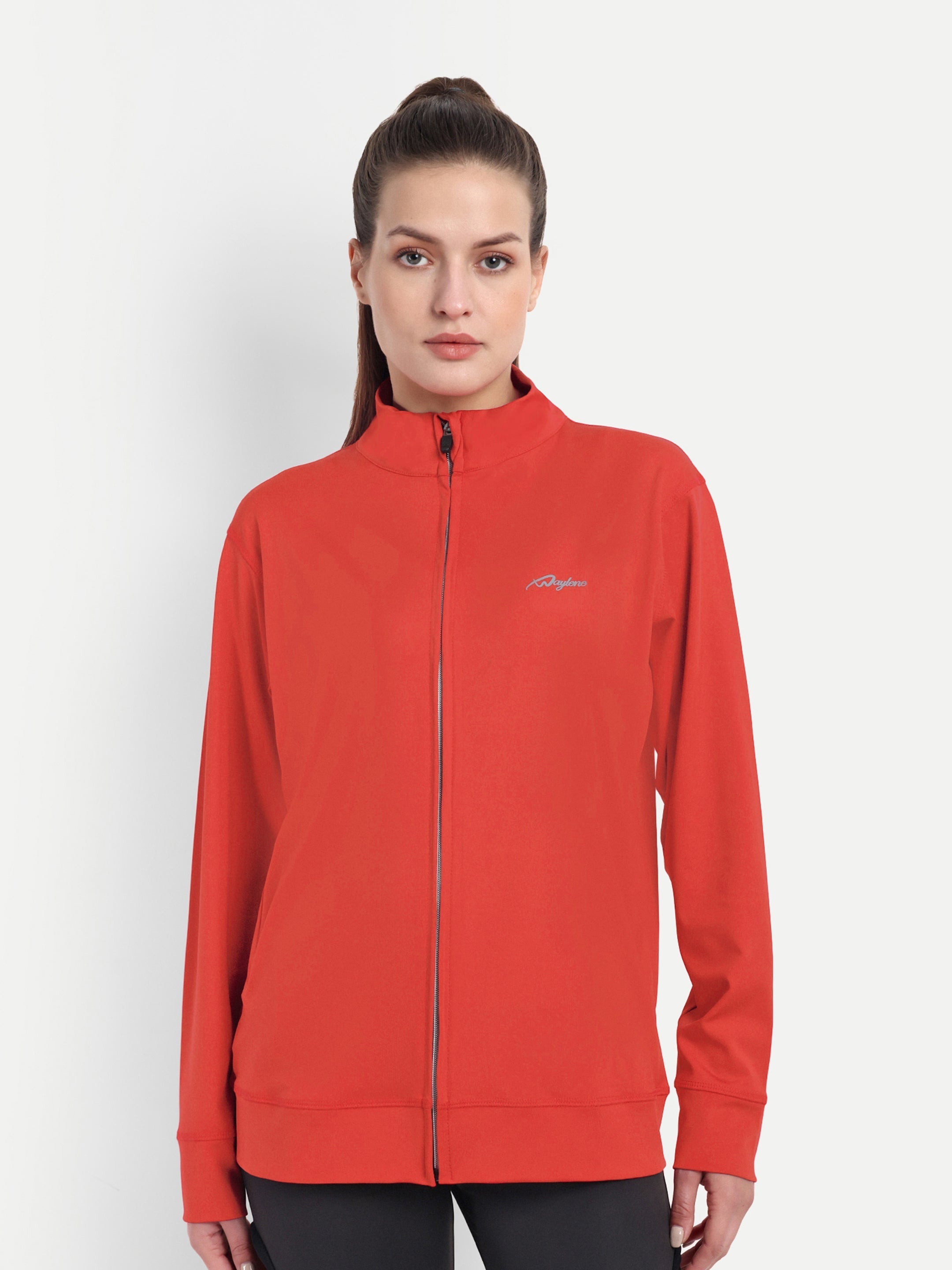 Waylene Red 4-Way Stretch Training Jacket front view with full zip and high collar