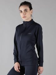 Waylene Navy Blue Sweatshirt featuring a high collar and sleek design for women.