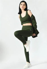 Waylene Olive Green Track Suit with Sleeveless Crop Top and High-Waisted Leggings