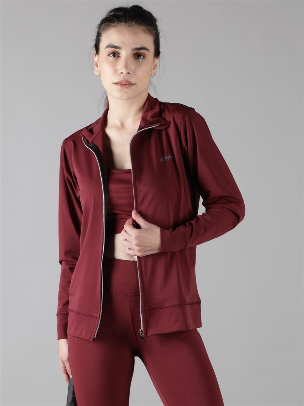 Waylene wine color sweatshirt with zip-up front and high collar, perfect for casual and active wear.