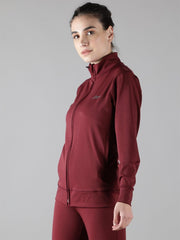 Waylene wine color sweatshirt highlighting high collar and streamlined silhouette, side view.