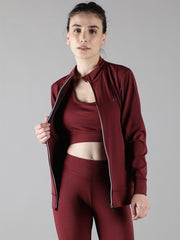 Waylene wine color sweatshirt featuring a full-length zipper and fitted design, ideal for workouts.
