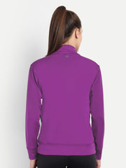 Waylene's purple 4-way stretch sporty training jacket, viewed from the back with a model showcasing the slim fit and seamless design.