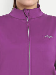Close-up of Waylene's purple 4-way stretch training jacket featuring a high collar and detailed with a subtle reflective Waylene logo on the chest.