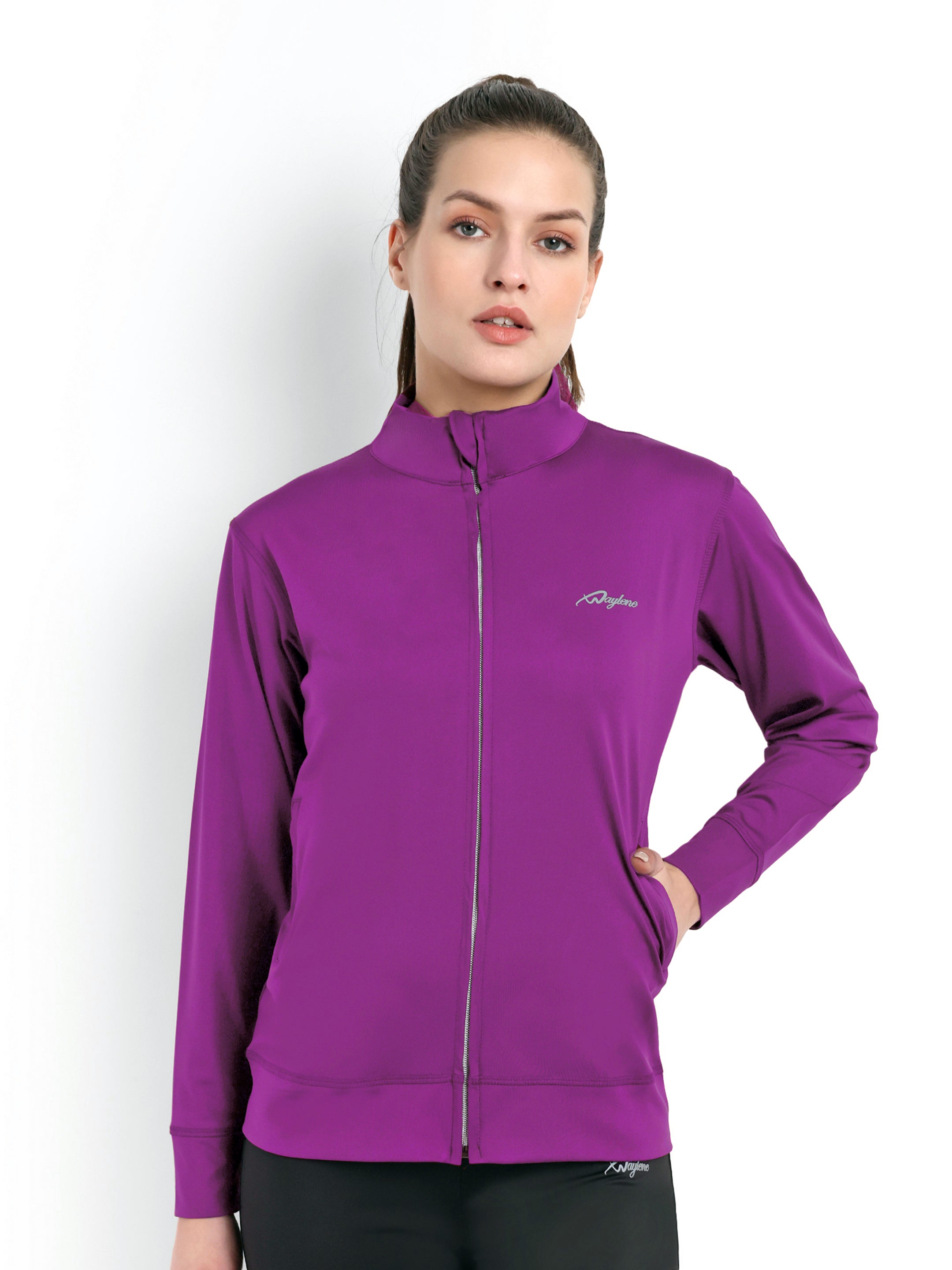 Waylene's sporty purple training jacket modeled with a front view, highlighting the zip closure and sleek structure.