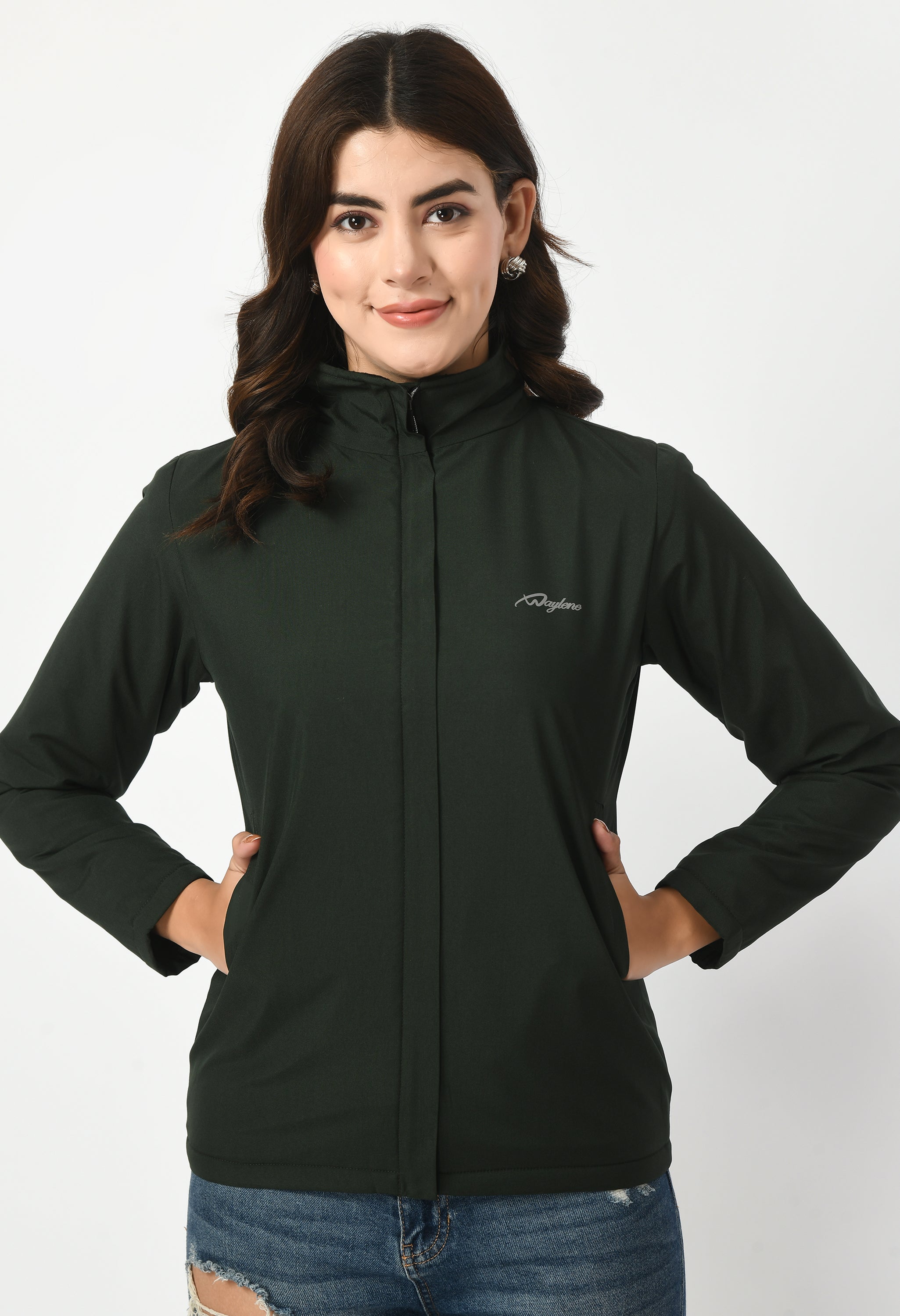 Waylene's olive green waterproof winter jacket for women, front view with model standing hands on hips, showcasing the high collar and front zipper.