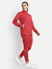 Waylene Red Gym Set featuring breathable jacket and leggings with side pockets, ideal for workouts.