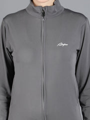 Close-up of Waylene Grey Athletic Jacket with Zipper, showcasing premium fabric and logo detail.