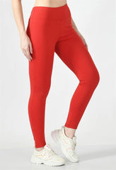 Waylene red high-waisted yoga leggings side view emphasizing stretch fabric.