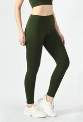 Waylene Olive Green High-Waisted Yoga Leggings with Dry-Fit and Slim-Fit design, side view.