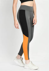 Waylene Color Block Grey Tights with Black and Orange Panels, Side Angle
