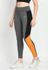 Waylene Color Block Grey Tights with Black and Orange Panels, Side View