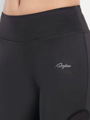 Close-up of Waylene Women's Black High-Waisted Sports Capris, highlighting logo and high waistband.