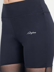 Close-up of Waylene Navy Blue High-Waisted Capri Leggings with logo and mesh inserts.