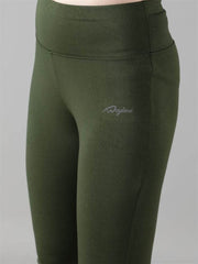 Waylene Olive Green Capri Tights close-up showing high waistband and logo detail.
