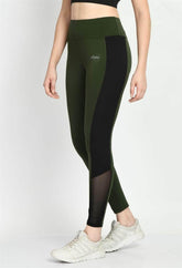 Waylene Olive Green Color Block Tights with Black Panels and Sheer Mesh Detail