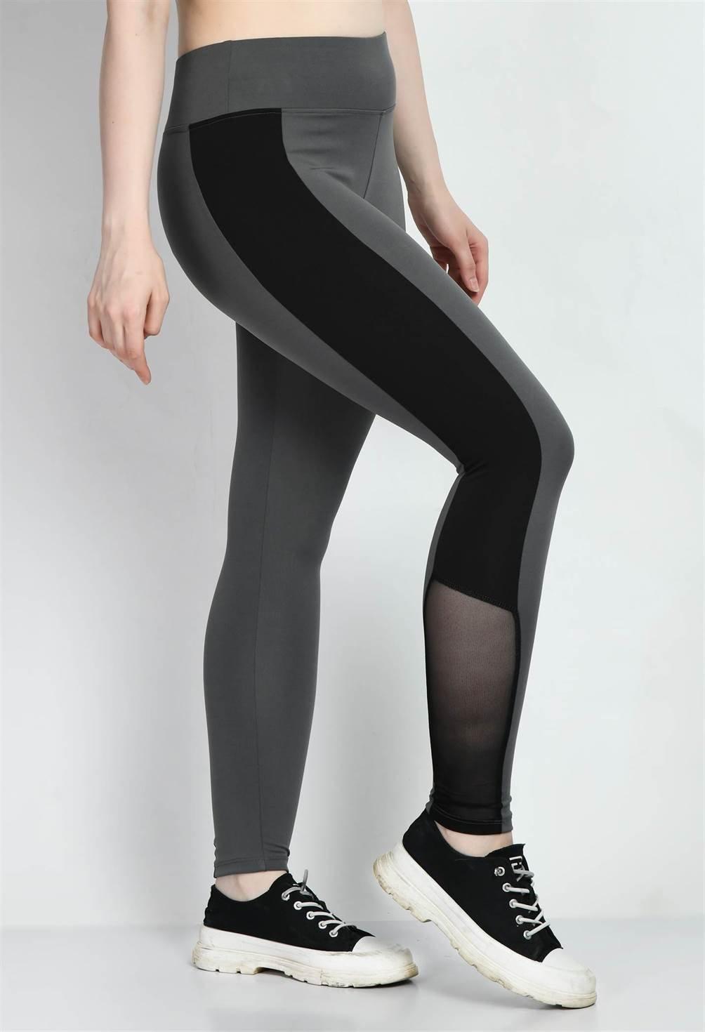 Waylene Grey Color Block Tights with Black Mesh Panels, Side View