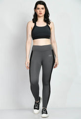 Waylene Grey Color Block Tights, Front View with High Waist Design