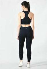 Waylene Navy Blue High-Waisted Yoga Leggings, back view highlighting high waistband and racerback top.