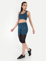 Waylene Teal Blue Gym Set Featuring Sports Bra and Mesh Panel Shorts