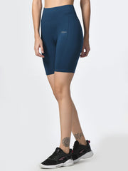 Waylene Teal Blue Slim Fit Shorts highlighting high waist and sleek design for training and yoga.