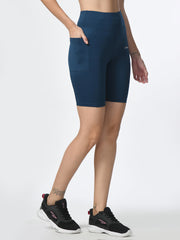 Waylene Teal Blue Shorts with convenient side pocket, perfect for gym and running activities.