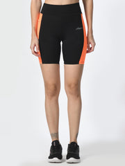 Waylene Black & Orange Colorblock High-Performance Shorts with Pocket, front view.