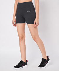 Waylene women's fitted charcoal activewear shorts with wide high-rise waistband