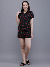 Waylene Cherry-Printed Black Shirt & Shorts Set, front view, casual wear for women.