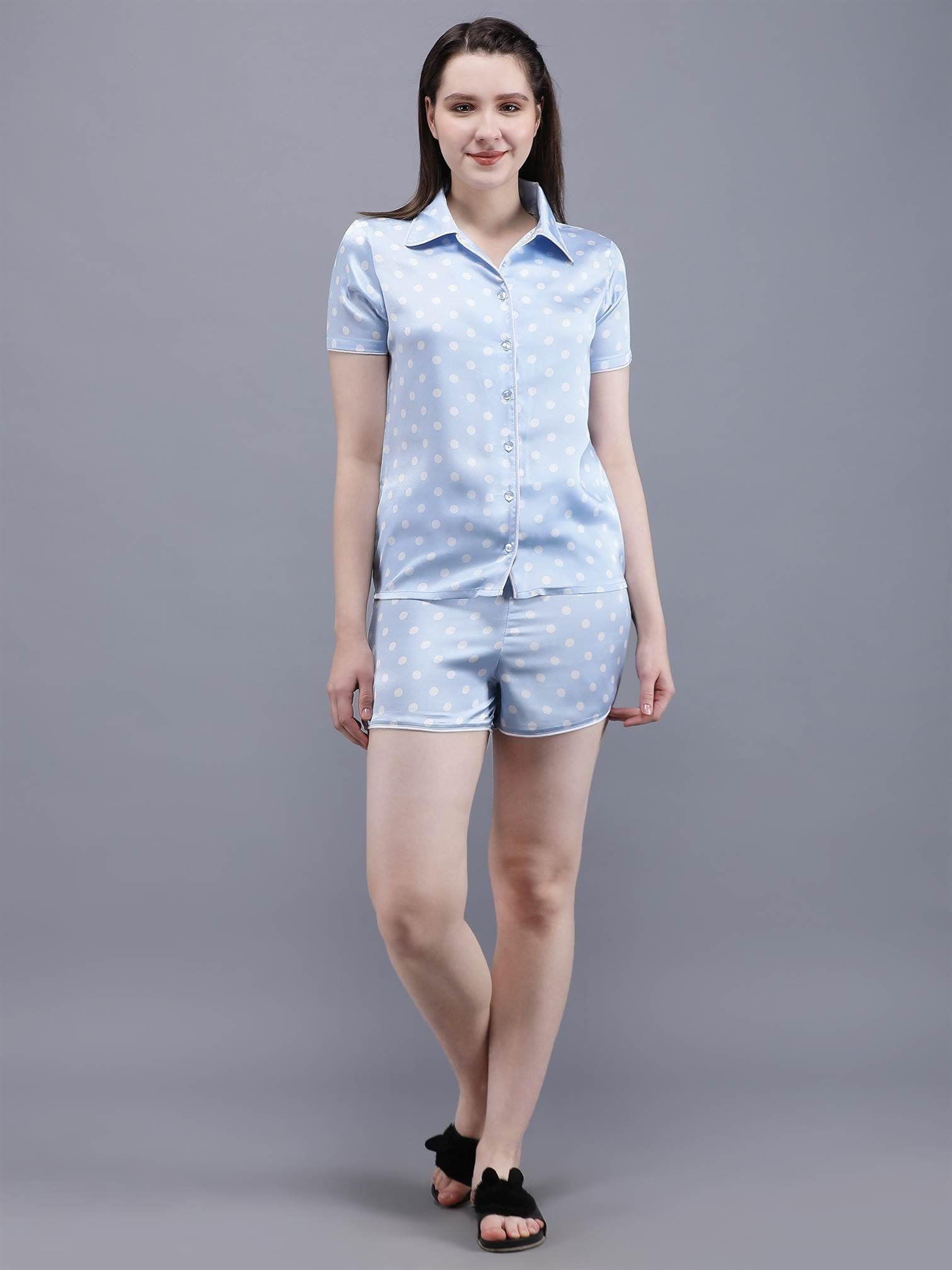 Waylene Navy Blue Printed Shirt & Shorts Set for Women, front view showcasing casual style.