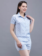 Waylene Navy Blue Printed Shirt & Shorts Set for Women, side view with polka dot pattern detail.