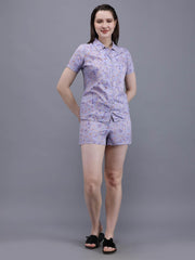 Waylene Light Purple Floral Print Shirt & Shorts Set, full body view