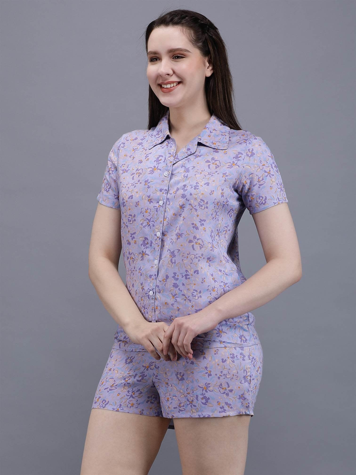 Waylene Light Purple Floral Print Shirt & Shorts Set, front view