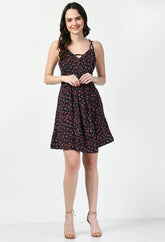 Waylene Dark Blue Floral Booti Print A-Line Dress front view