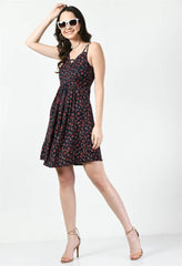 Waylene Dark Blue Floral Booti Print A-Line Dress side pose with sunglasses