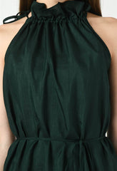 Waylene Dark Green Dress close-up of ruffled neckline and tie-up waist