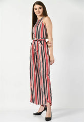 Waylene striped multicolor sleeveless jumpsuit with a belted waist, side view.