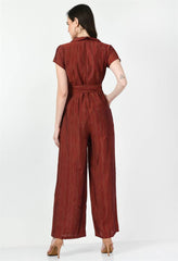 Back View of Waylene Striped Red Jumpsuit with Belted Waist