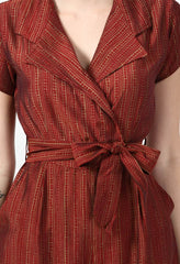 Close-up of Waylene Striped Red Jumpsuit with Waist Tie Detail