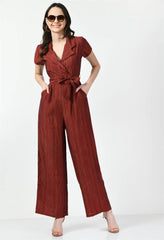 Waylene Striped Red Jumpsuit with Collared V-Neck and Pockets