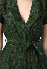 Close-up of Waylene Striped Green Jumpsuit with V-Neck and Tie Belt