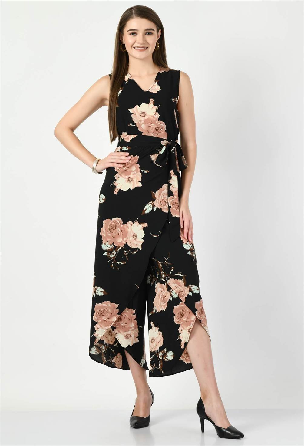 Waylene Floral Print Black Jumpsuit with V-Neck and Tie Waist