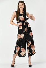 Full View of Waylene Floral Print Black Jumpsuit with Wrap Style